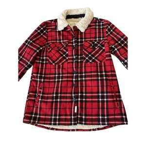 Soho Threads Women's Red Plaid Tartan Fleece Sherpa Flannel Jacket Coat Medium
